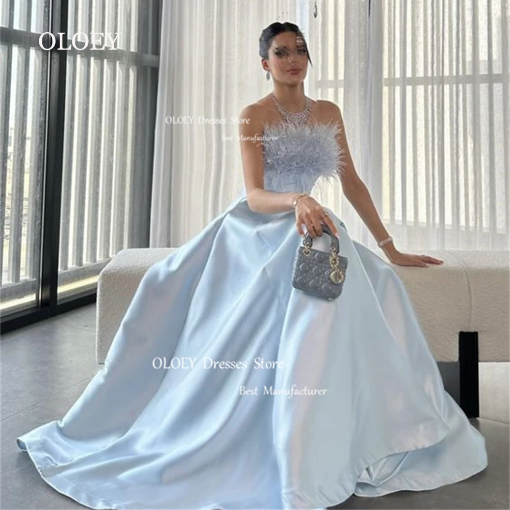 OLOEY Elegant Light Blue Satin Evening Dresses Feathers Strapless Women Wedding Party Dresses Arabic Prom Gown Custom Made