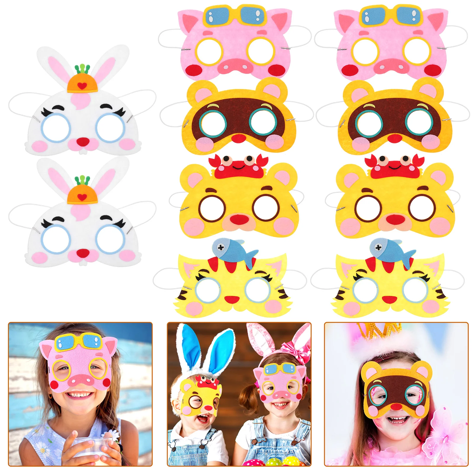 10pcs Cartoon Animal Masks Half Face Non-Woven Funny Halloween Cosplay Mask Bright Elastic Headband For