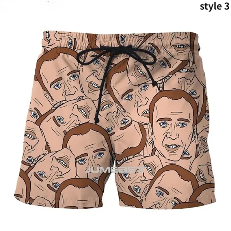 Nicolas Cage Funny Face Graphic Beach Shorts Men Cool 3D Printed Board Shorts Swimsuit Summer Hawaii Swim Trunks Kids Ice Shorts