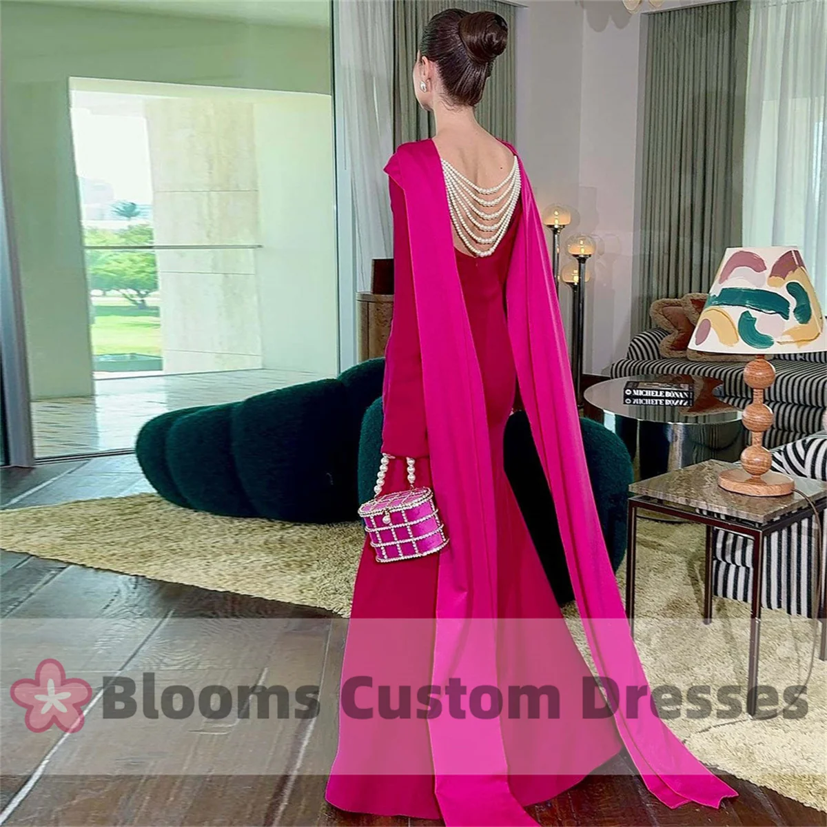 Blooms Fuchsia Long Sleeves Prom Dress Customized Pearls Backless Arabia Evening Dress Long Party Gown