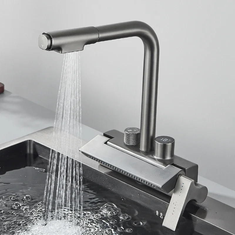 

Grey Digital Display Kitchen Faucet Rain Waterfall Dish Washing pool Rotate 2-way Shower White Smart Sink