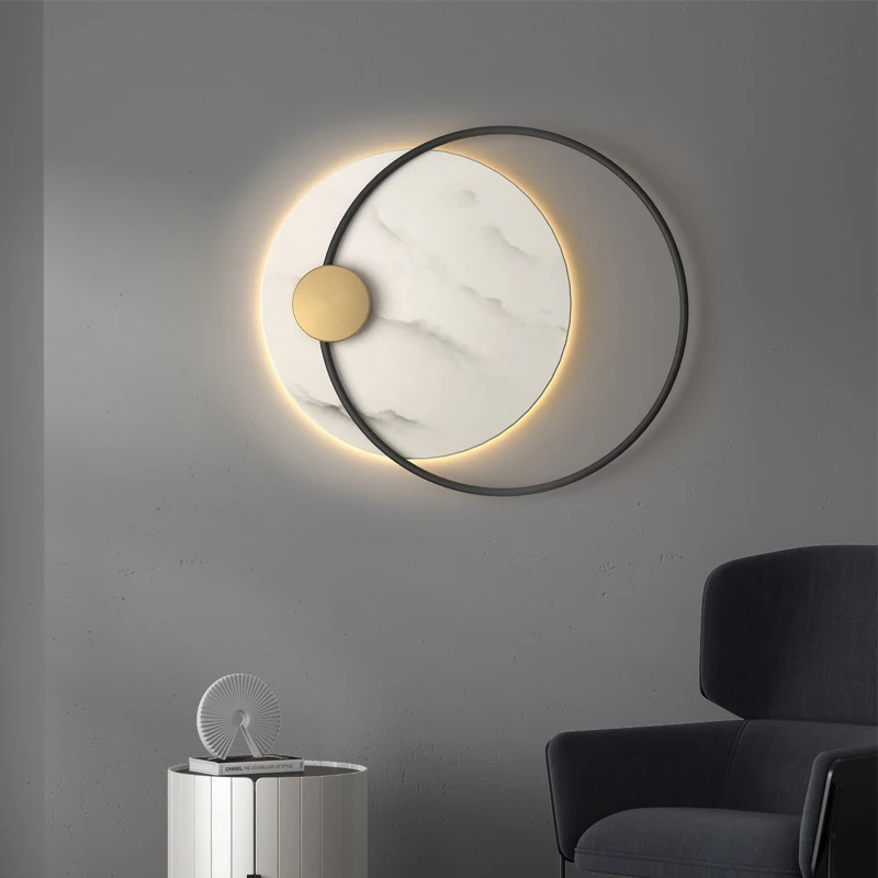 

Modern LED Black Metal With Marble Fancy Luxury Warm Light Bedroom Living Room Hotel Decoration Big Round Wall Lamp