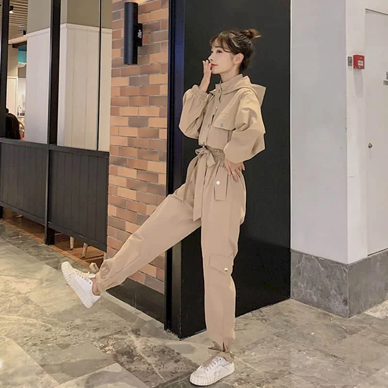 Workwear Jumpsuit New Style Cool Loose Jumpsuit Women Pants Trend Tracksuit Women One Piece Set Button Belt High Waist Hooded