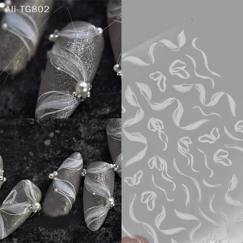 1 Sheet White Lace Ribbon Nail Art Stickers with Pearls Adhesive Nail Decoration for DIY Manicure