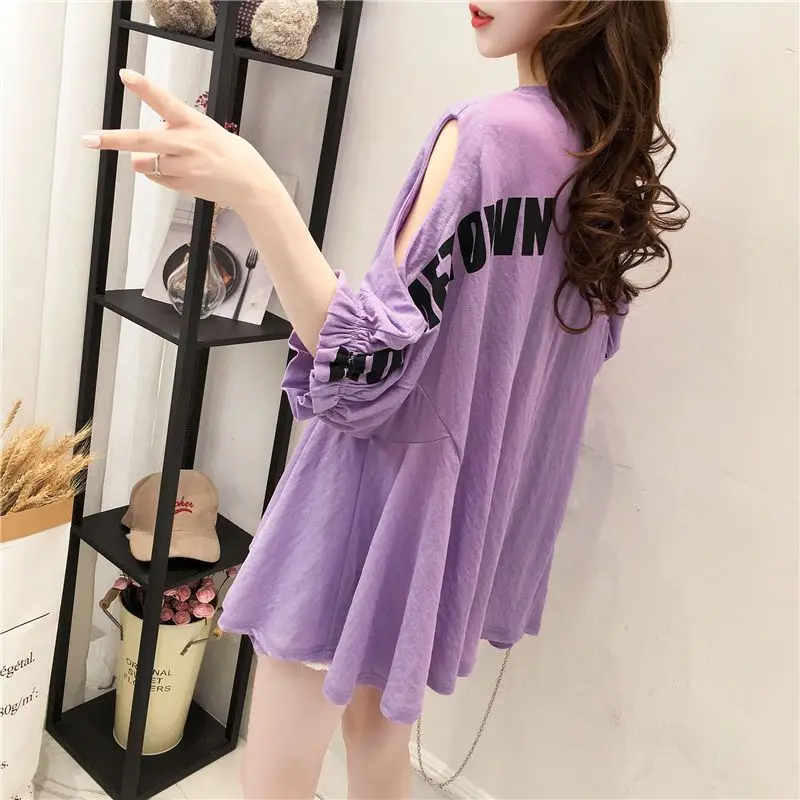 Women Clothing Summer New Off Shoulder Loose T Shirts Short Sleeve Solid Letter Printing Hollow Out Tops Tees Fashion Casual