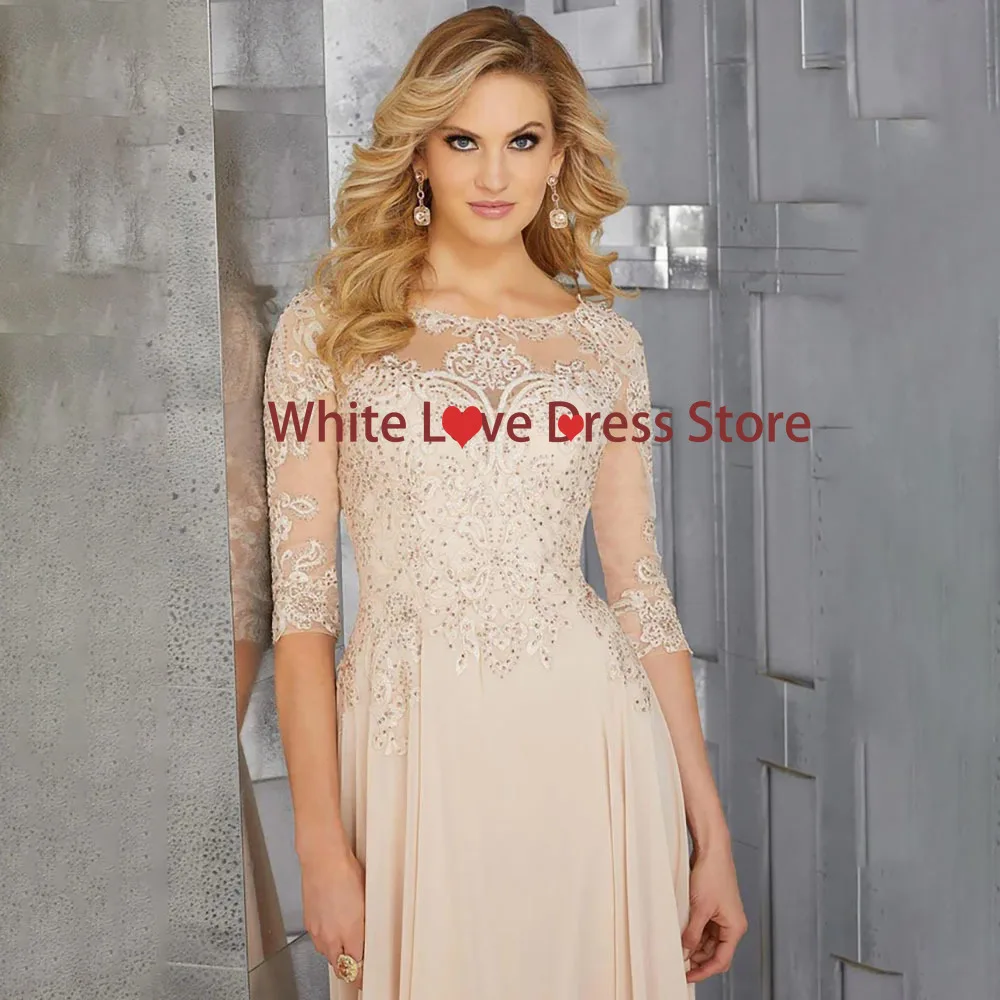 Customized Modern Style Chiffon A-line Mother of The Bride Dresses Women's Scoop Neck Full Sleeve Mother Gowns