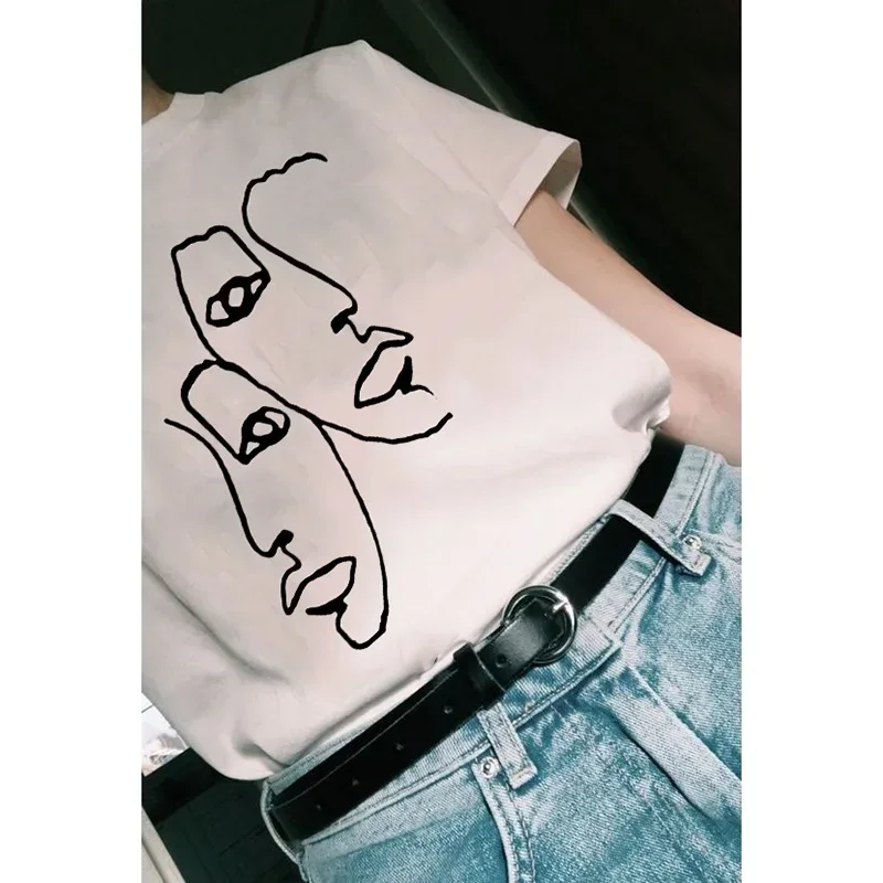 Women Tshirt harajuku Twin Art Line Drawing ladies Tee Tops white Summer Short Sleeve Vintage tshirts femme