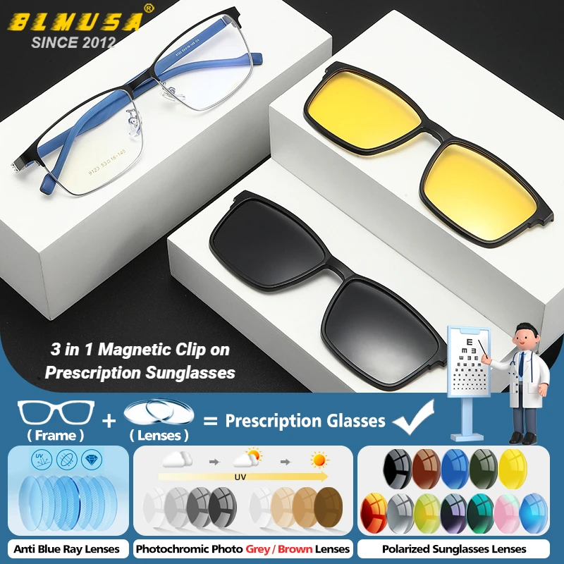 

BLMUSA Magnetic Clip on Reading Glasses Versatile Men Optical Polarized Driving Prescription Sunglasses Progressive Eyeglasses