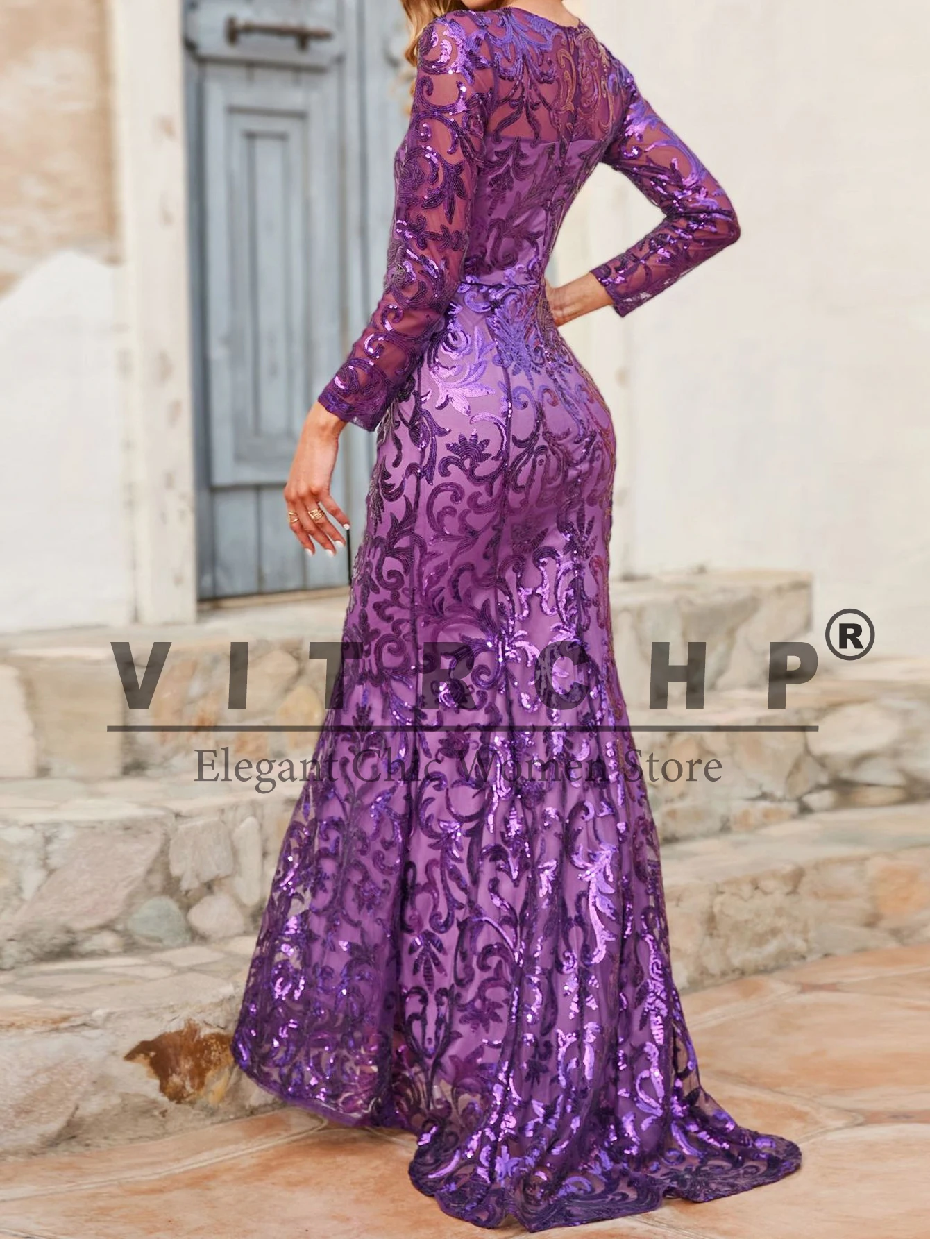 VITRCHP Sexy Long Sleeve R-neck Evening Dress Prom Party Gowns Vestidos De Noche Robe De Soirée De Mariage Bride Dresses