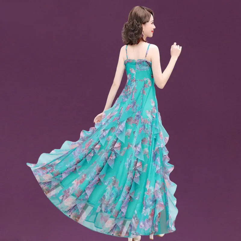 

Chic Y2K Sling Dresses Women's New Summer Long Elegant Slim High-End Print Medium Long Ruffled Birthday Party Dress