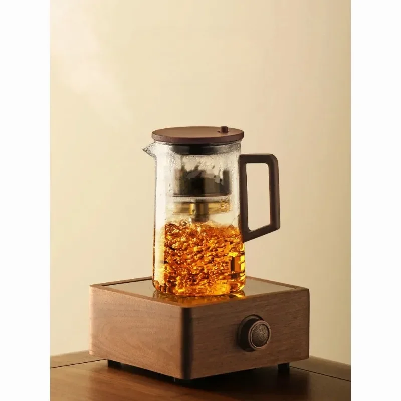 

One Click Filtering Glass Tea Pot Tea Water Separation Inner Container Walnut Wood Handle Teapot With Infuser Filter