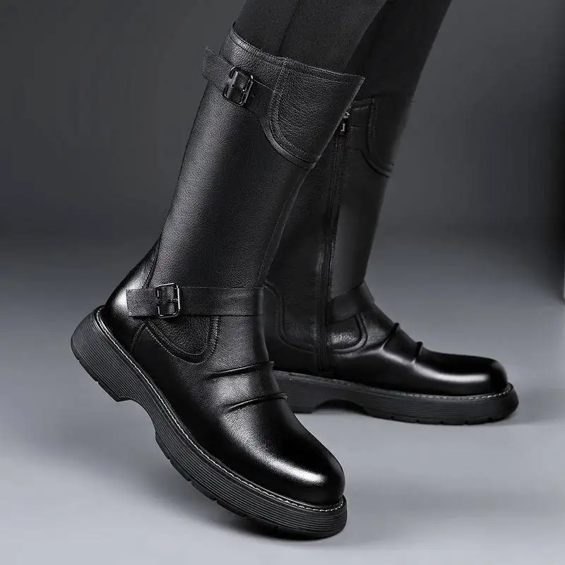 Botas de caballero alto para hombre, zapatos de cuero originales, botas de plataforma de diseñador de marca, botas largas de motocicleta, moda de lujo, Otoño e Invierno