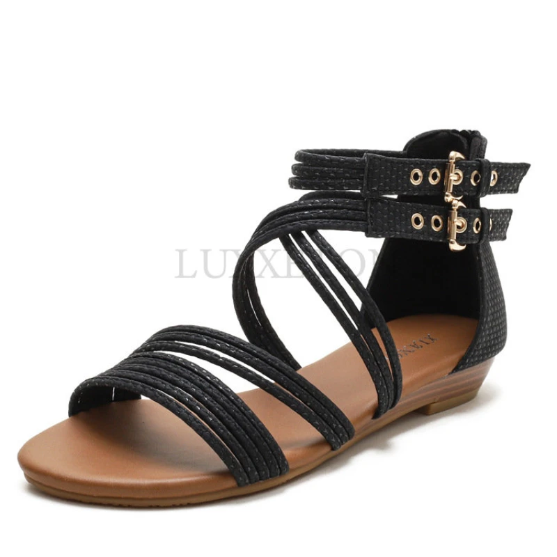 Female Serpentine Cross Straps Open Toe Flat Sandals Fashion Soft Bottom Rome Sandals Summer Shoes Women Sandalias mujer