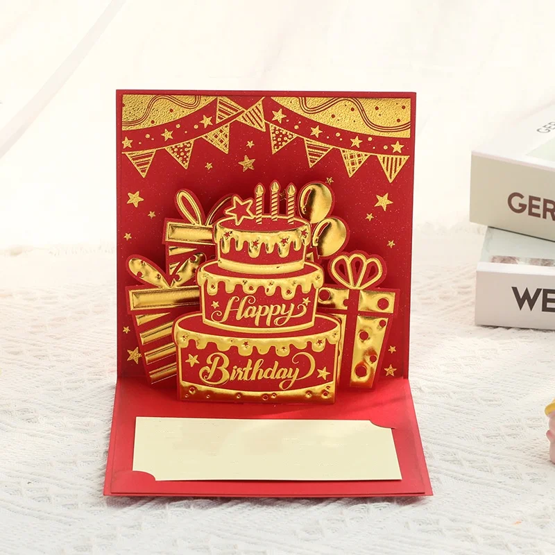 

Lucky Red Birthday Greeting Card 3D Cake Handcrafted Golden Blingbling Pattern Hot Stamping Cake Blessing Card For Friend Family