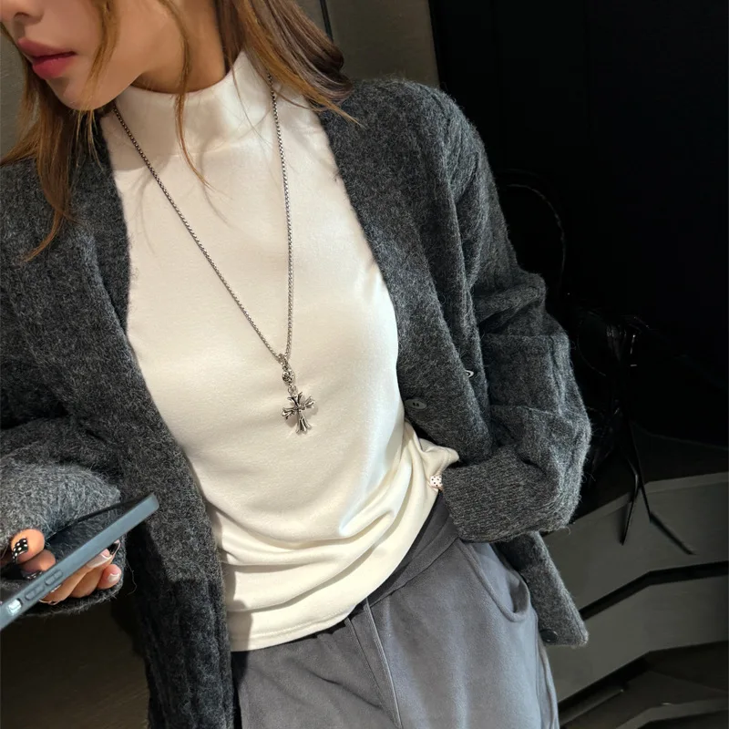 

Basic Versatile Autumn Winter Solid Color Long Sleeve Base Shirt For Women, Half Turtleneck, High-End Feel, Slimming