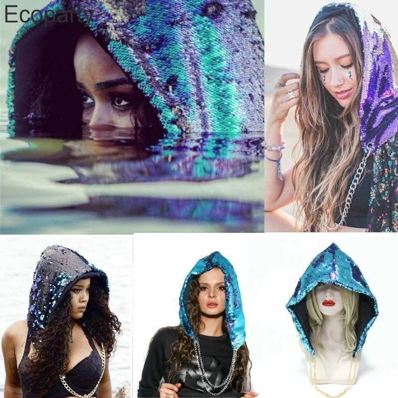 New Fashion paillettes cappello Halloween Party Rave Hood Chain Mermaid Caps For Men Women Hip-Hop cappello Punk personalizzato