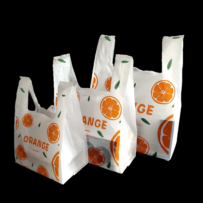 50Pcs Fruit Plastic Bags Orange Lemon Food Carry Out Bag With Handle Supermarket Vest Tote Bag Drink Grocery Storage Packaging