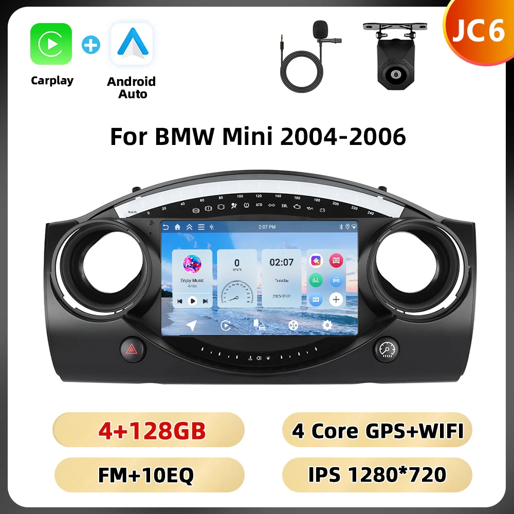 Podofo 8+128G 8-core autoradio voor BMW Mini 2004-2006 multimediaspeler Android Auto Carplay WIFI 4G Qualcomm AI spraakbesturing auto-audio