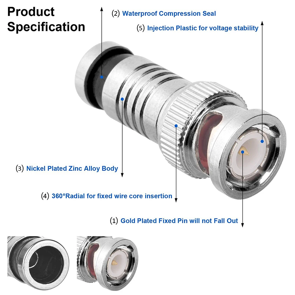 10PCS/Lot Security System BNC Compression Connector Jack for Coaxial RG59 Cable CCTV Camera Accessories