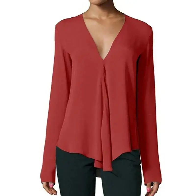 Women Chiffon Blouses V Neck Solid Color Pullover Ruffles Edge Shirts Breathable  Long Sleeve Casual Blouse 2024 Summer