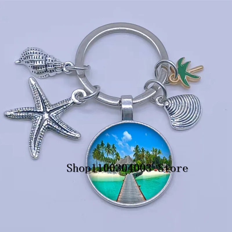 Brand New جميل جزر المالديف المشهد المفاتيح المحيط المشهد سلسلة مفاتيح سحرية شاطئ جوز الهند شجرة الاسترخاء هدية السفر مجوهرات #6