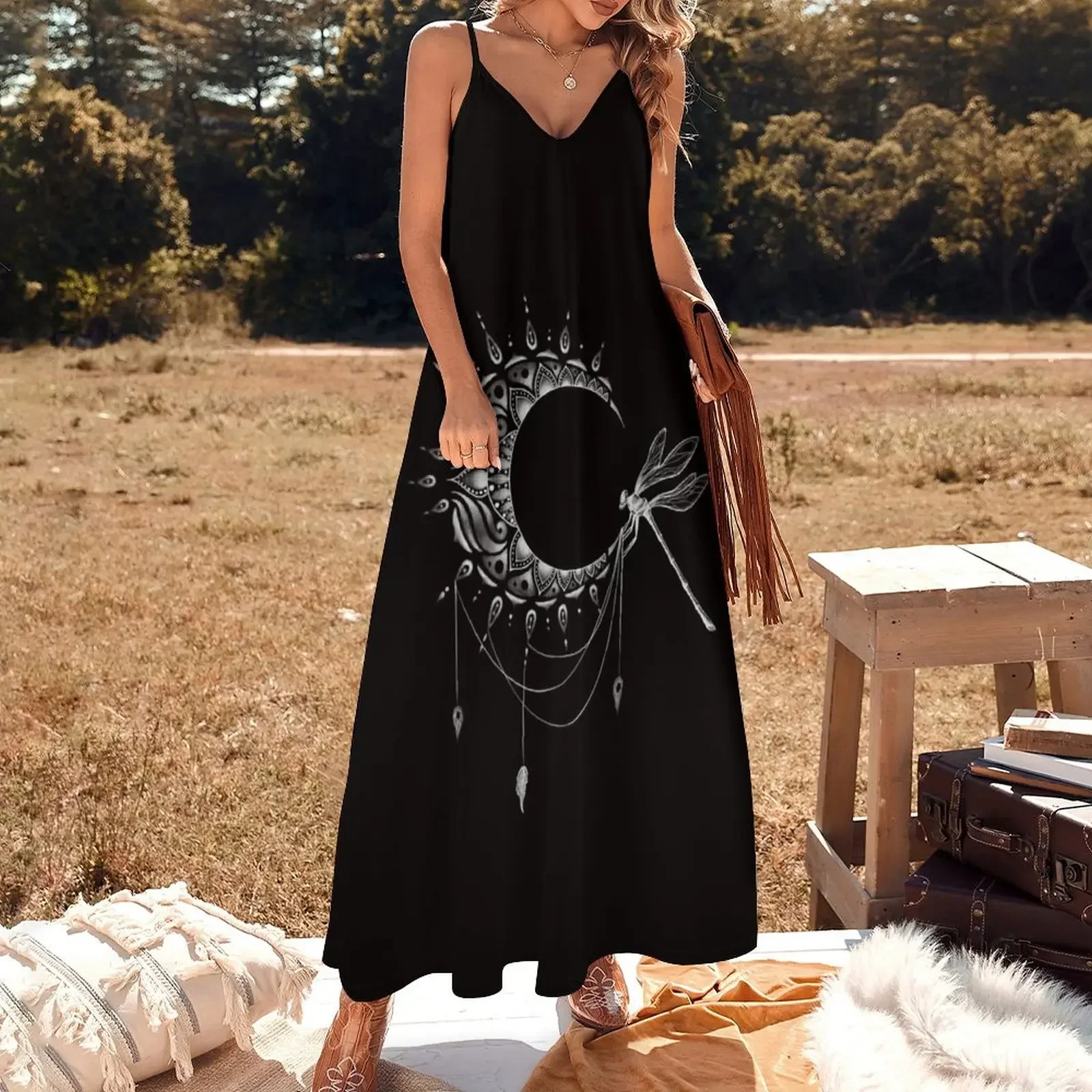 Intricate Half Crescent Moon with Dragonfly Tattoo Design Sleeveless Dress dresses korean style Dress