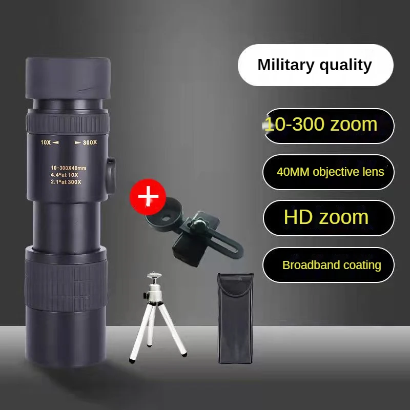10-300X40 HD Monocular Telescope Mini Portable Mobile Phone Telescope with Holder Outdoor Camping Hunting Birdwatching Telescope
