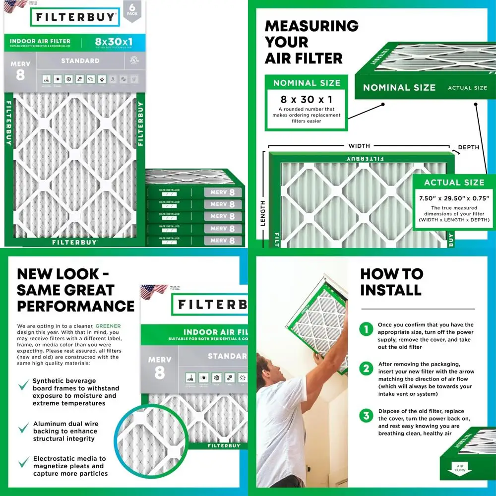 

Фильтры печи HVAC AC, 8x30x1 MERV 8, замена пылезащиты, 6 шт., плиссированные воздушные фильтры для средней эффективности