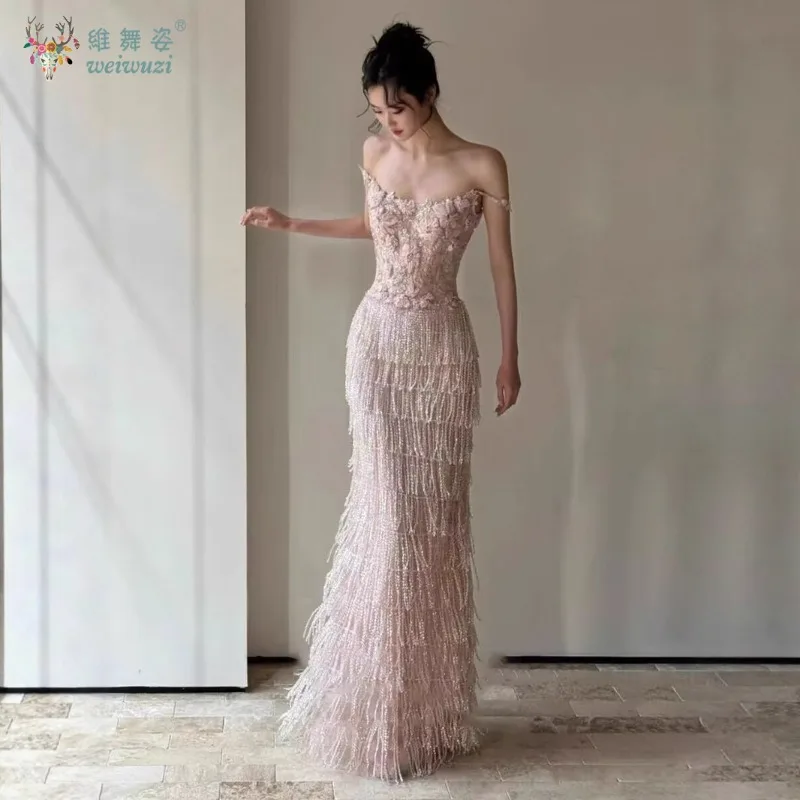 Robe de soirée de forme sirène, perles brodées en 3D, fine bretelle d'épaule, taille, avec perles et pompons, amincissante