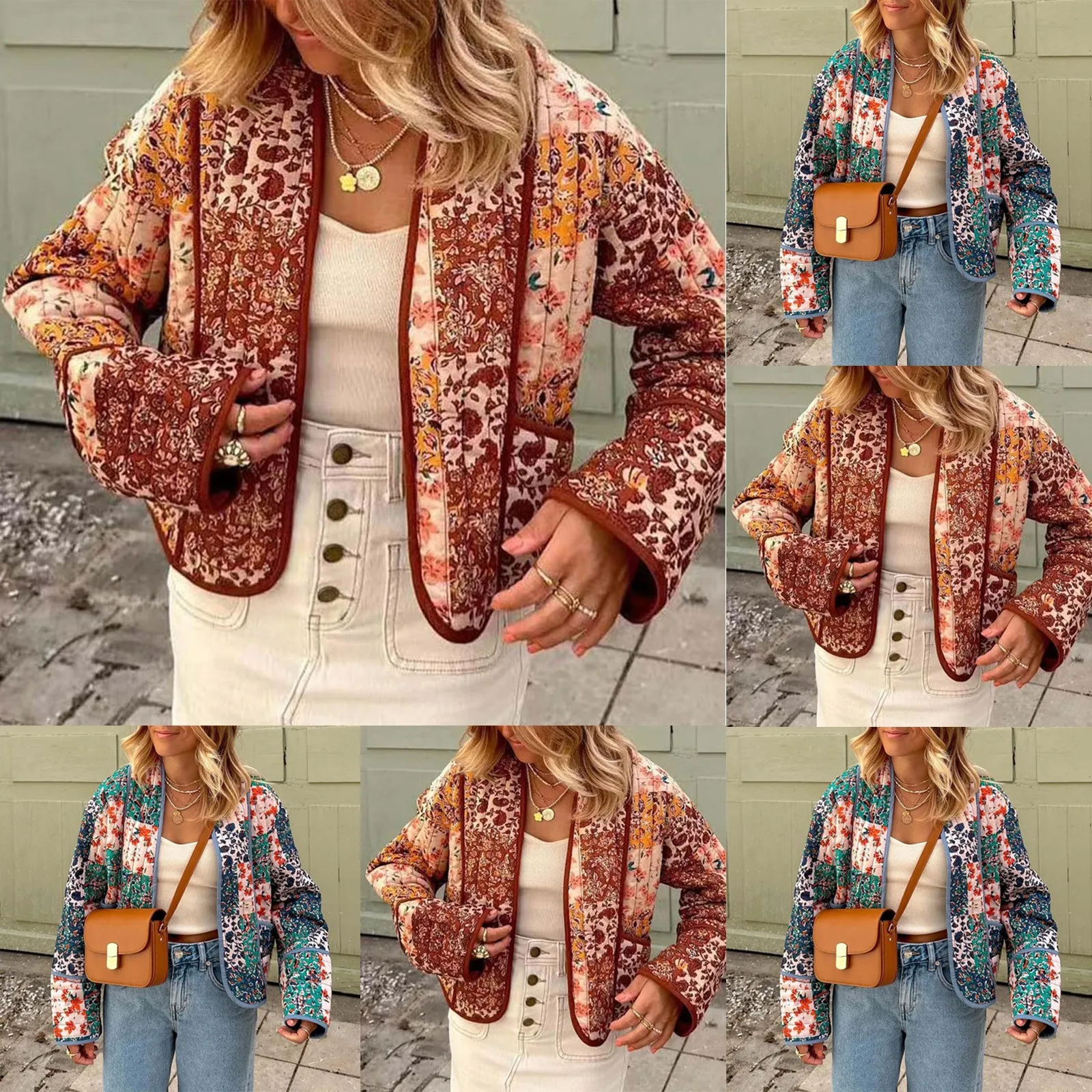 New Floral Printed Quilted Jacket For Women Cardigan Winter Pocket Cotton Down Coat Vintage Lightweight Padded Coats Chaquetas