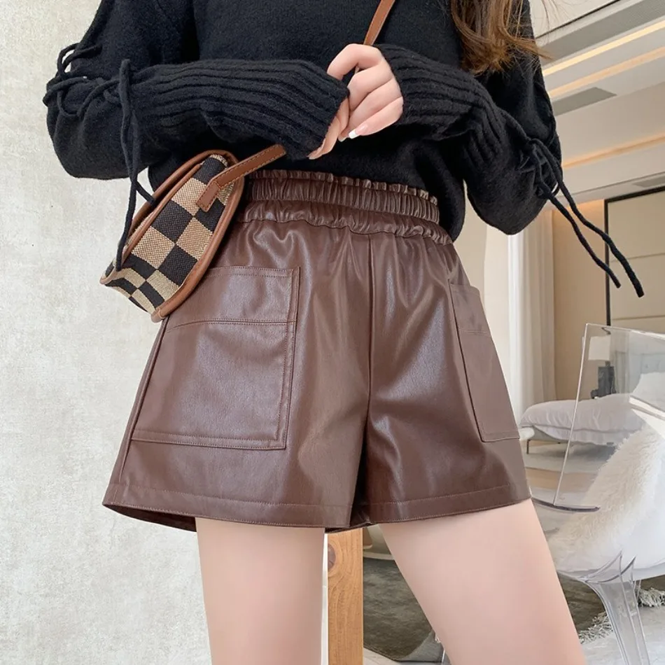 Herbst-Winter Koreanische Lose High-Street Schwarze Sexy Damen-Shorts mit Hoher Taille, Schnürung und Weitem Bein aus Leder – Detail 3