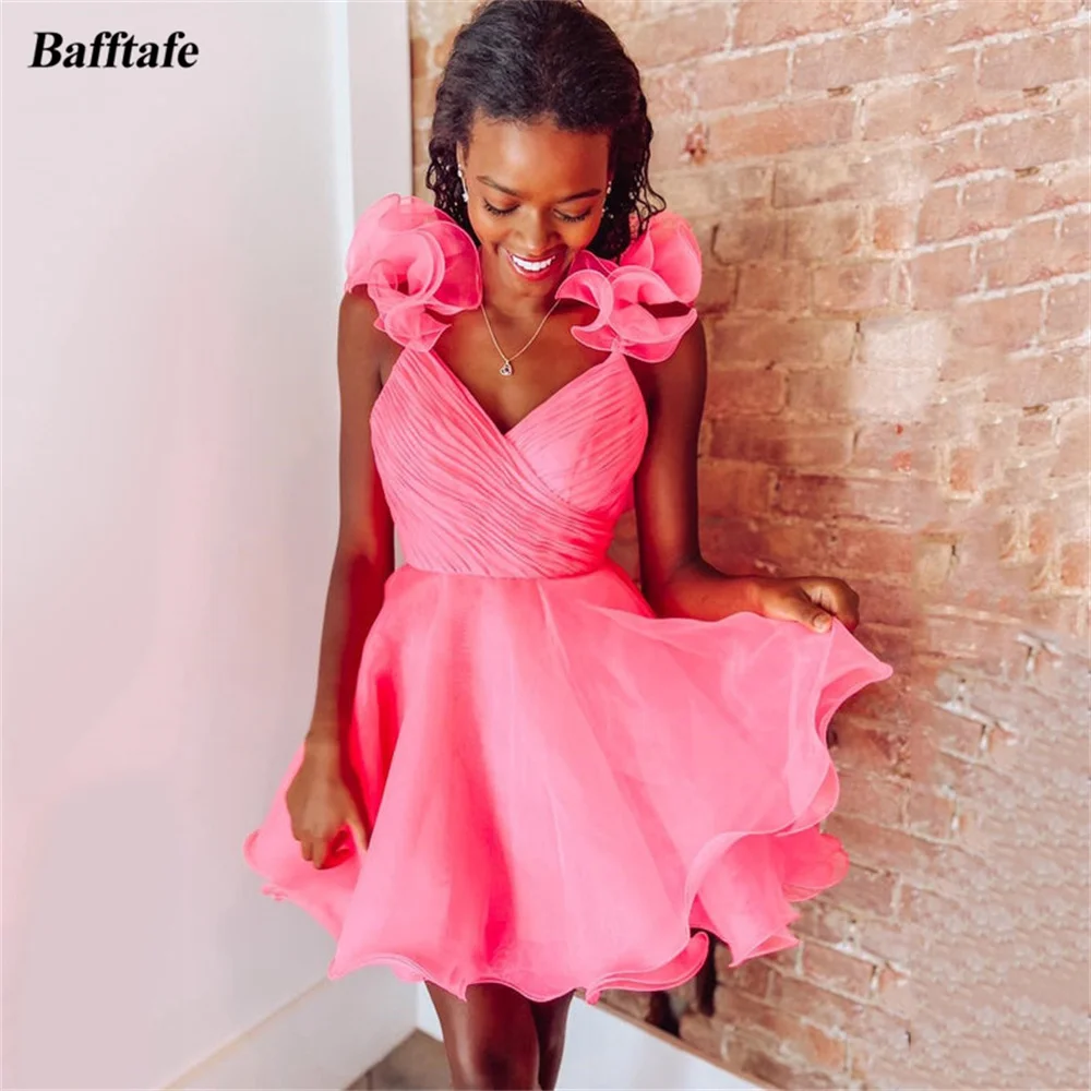 

Bafftafe Hot Pink Organza Mini Prom Dresses Ruffles Straps V-Neck Pleats Backless Formal Homecoming Gowns Customized Party Dress