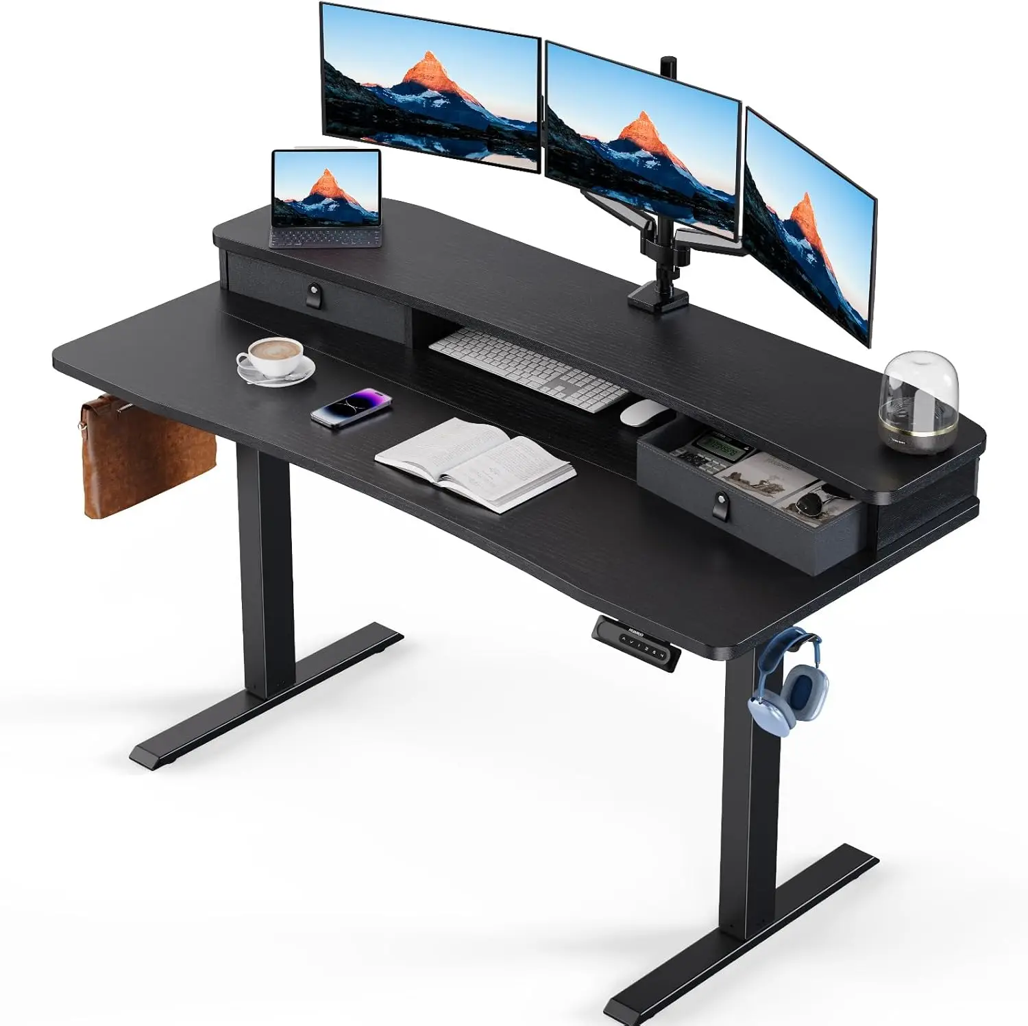 

55″ x 26″ Electric Standing Desk with 2 Drawers, C-Clamp Mount Compatible, Height Adjustable Computer Desk, Home Office