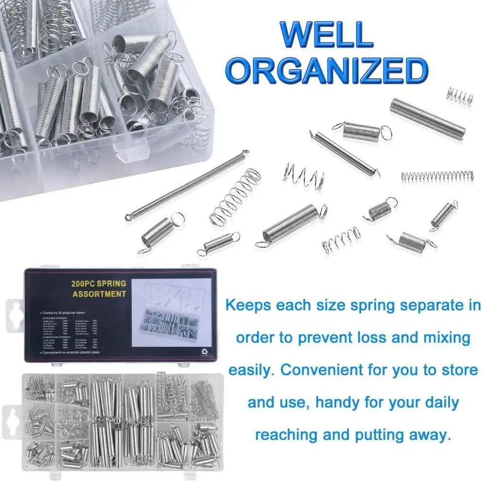 200 Pcs 20 Sizes Metal Tension Springs Replacement Kit Spring Coil Stainless Steel Compression Springs Burliness Durable