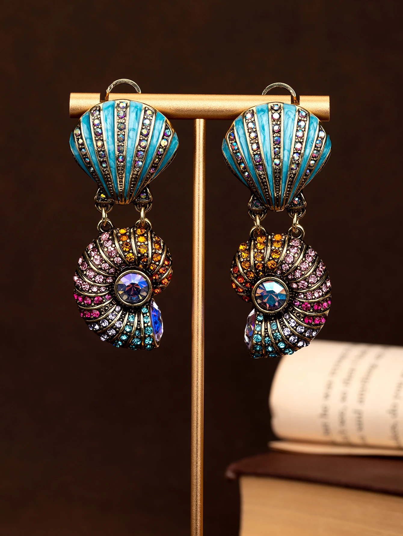 Vintage enamelled rhinestone shell earrings
