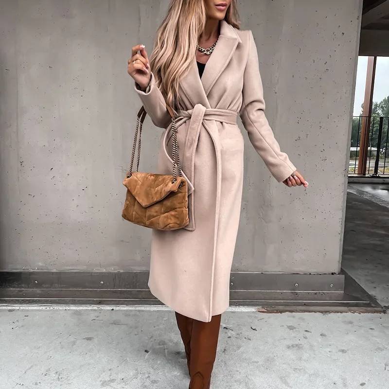 Women Chic Wool Blends With Belt 2021 Solid Long Sleeve Adjustable Waist X-Long Coats Outerwear Turn Down Collar Elegant Coats