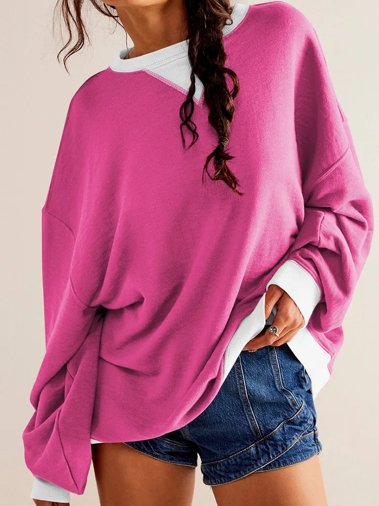 

New Color Block Sweatshirt For Women Loose Top Pullover O-neck Long Sleeve Colored Tops Spring Autumn Casual Vintage Streetwear