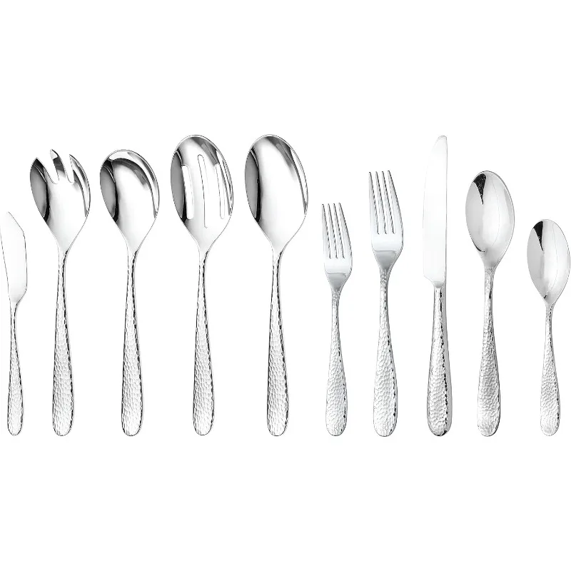 45-Piece Silverware Set for 8 | Hostess Serving Utensils | Premium Stainless Steel Flatware | Modern Hammered Design