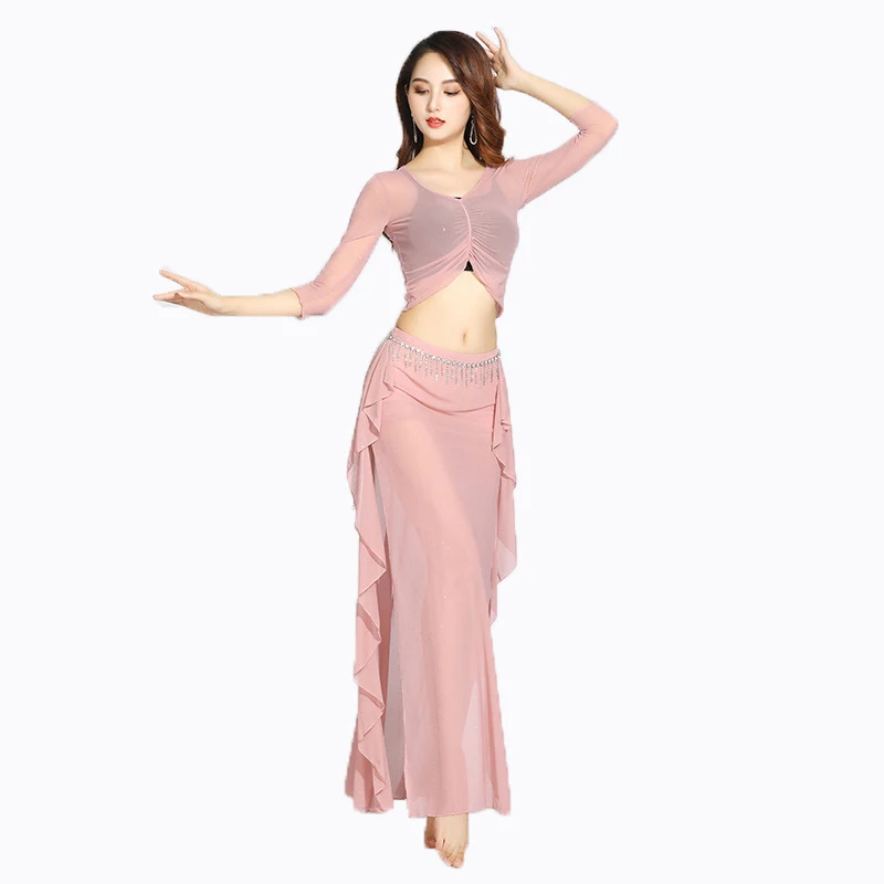 New Women Mesh Slimming Dance Performance Adult Practice Suit Oriental Dance Training Practice Outfit Dancewear Pink Set S-XXXL