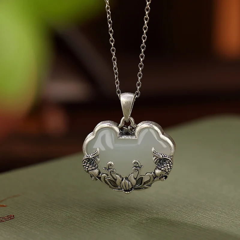 Cloud Pendant Necklace Double Fish Lotus Embossed Vintage Chinese Style Neck Jewelry Elegant Daily Outfit Matching Gift