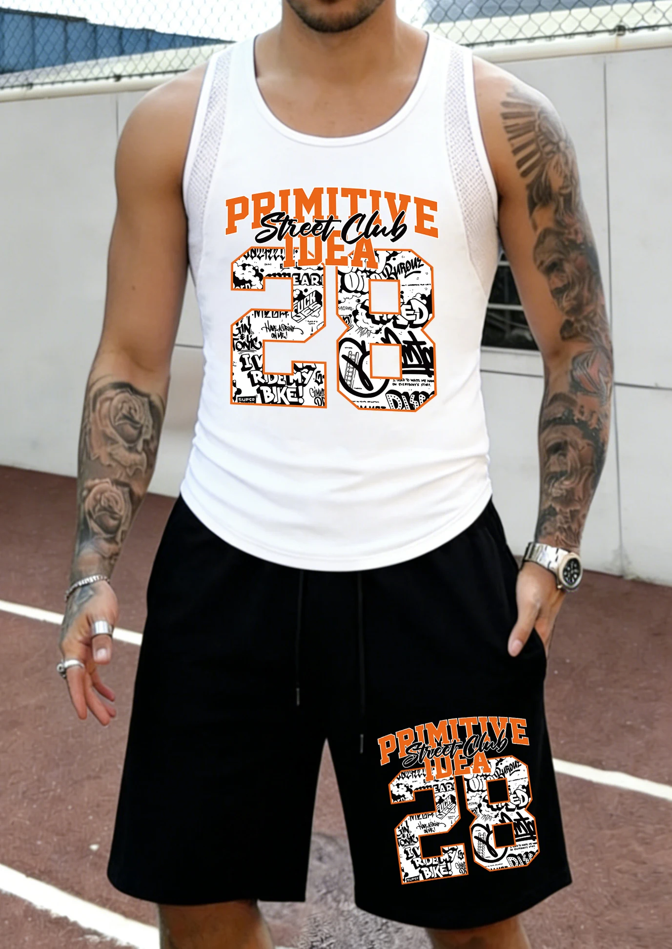 

Primitive Street Club Number 28 Print Man Mesh Summer Vest Set Quick Dry Gym Sportswears Daily Pocket Shorts Sports Basic Pants