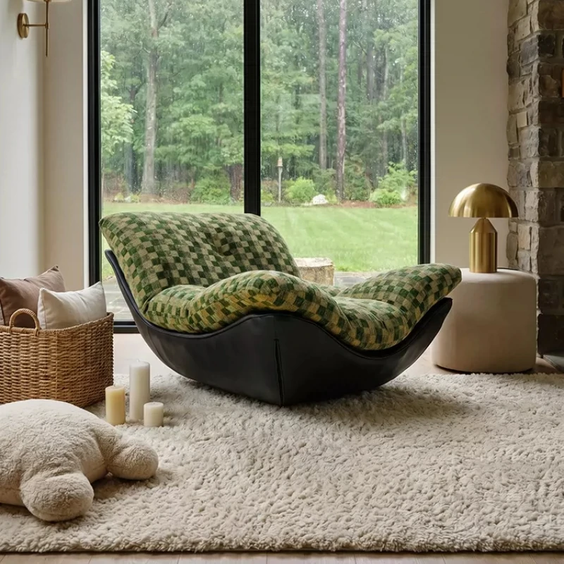 Italian Luxury Oversized Single Lounge Chair Retro Plaid Lazy Recliner Sofa Leisure Armchair for Living Room Balcony Home Rest