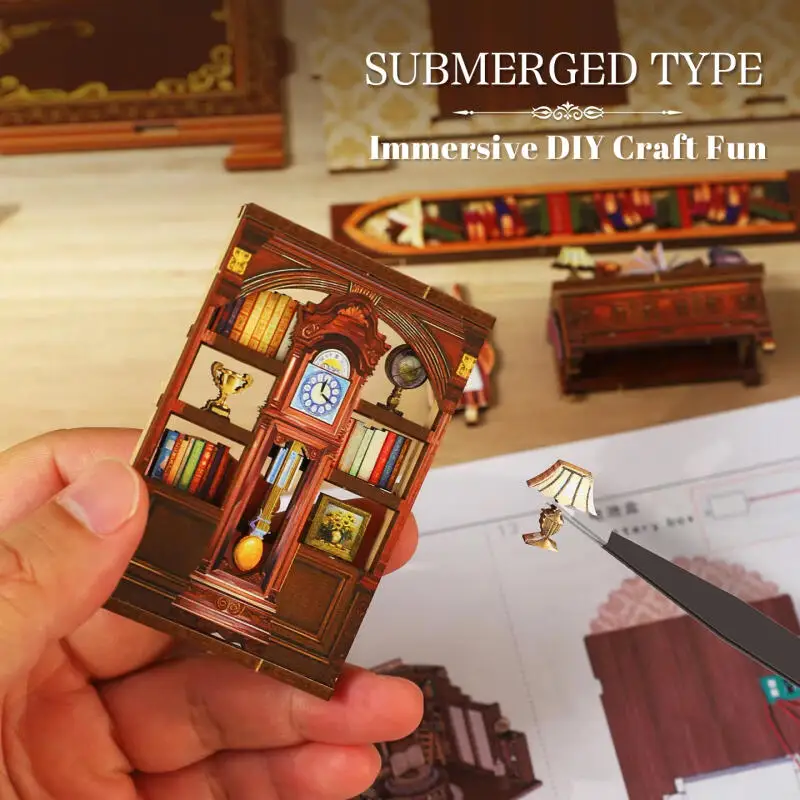 Suporte de Livro de Madeira 3D DIY com Luz LED, Modelo Artesanal de Cabana de Livraria em Miniatura, Decoração de Cenário, Presentes de Aniversário