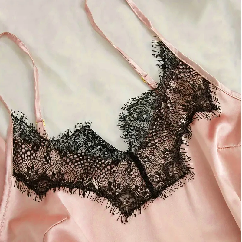 Women's Satin Sleepwear Pajama Set Pink Sexy Lingerie Bath Robe Lace Patchwork Silk Night Dress Trousers Home Clothed Nightwear image 6