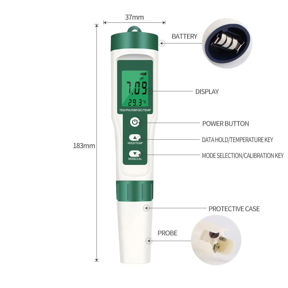 5 in 1 Digital PH Meter TDS/EC/ORP/Temperature Meter Portable Water Quality Monitor Tester for Pools Drinking Water Aquariums