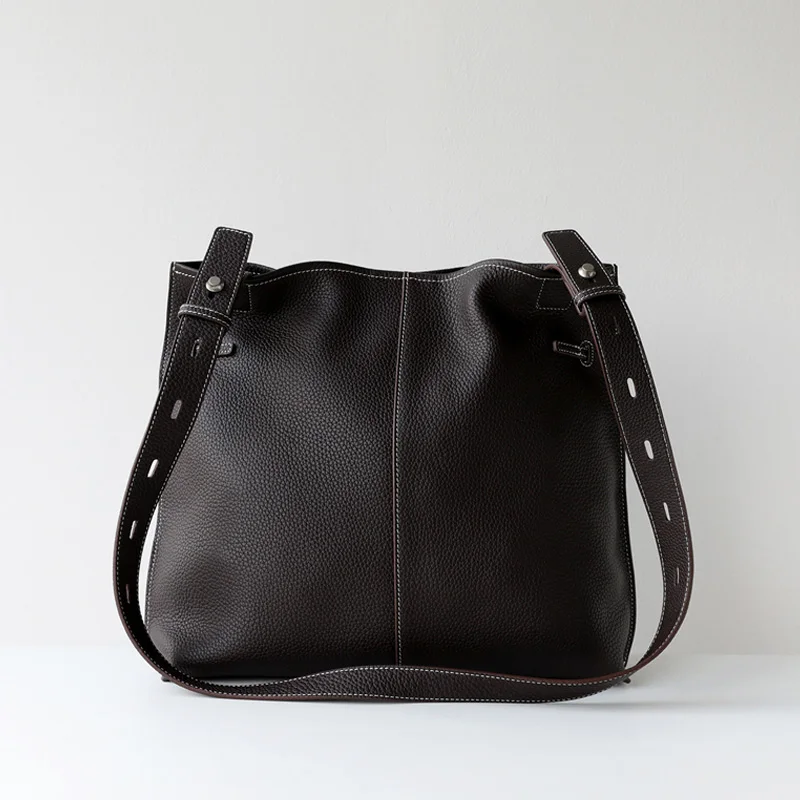 Women Large Capacity Luxury Genuine Leather Crossbody Bags with Drawstring Inner Pouch Minimalist Lady Shoulder Bag for Commute