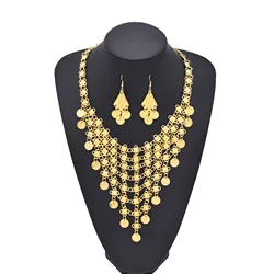 Fashion Golden V Shape Flower Pattern Small Coins Tassel Necklace Earrings for Women New Street Party Jewelry Set Accessories