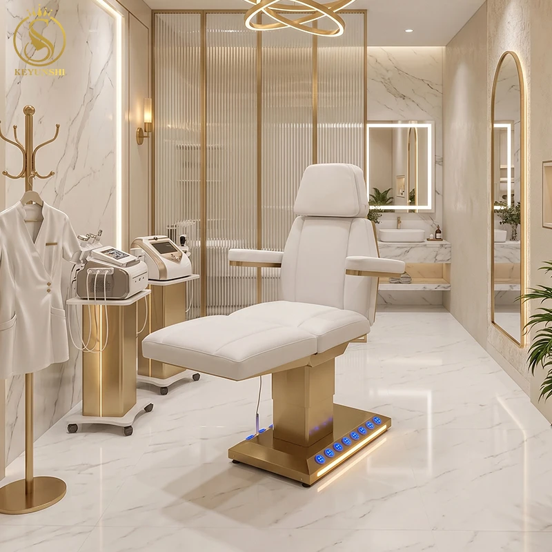 

4 Motor Electric Beauty Chair Gold Base PU Leather Tattoo Bed Adjustable Facial Bed with LED Foot Control for Salon Spa Clinic