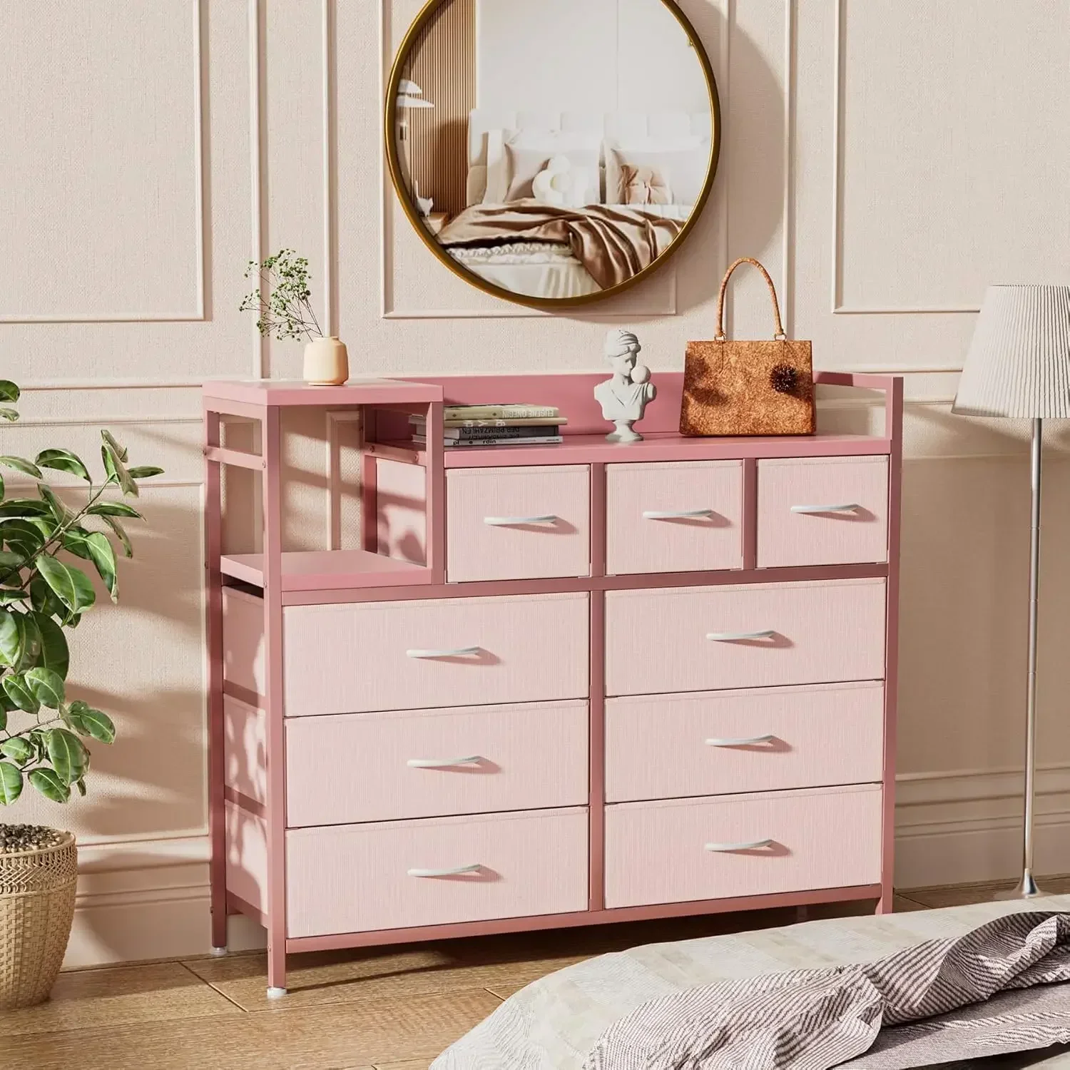 Dresser TV Stand with Power Outlet, Bedroom Dresser with 9 Drawers, Chest of Drawers for Living Room, Hallway(Pink)