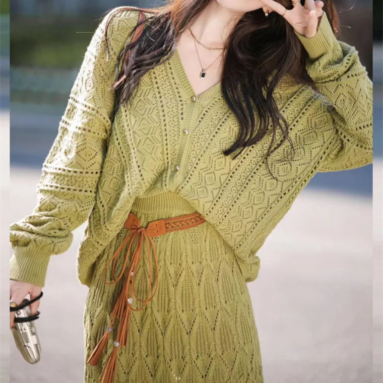 French Style Hollow-out Knitted Tops V-neck Women 2024 Spring Summer Temperament A-line Mid-length Skirts Two-piece Set